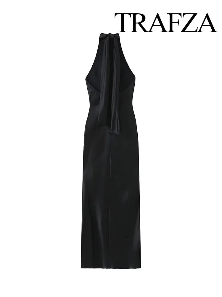 Trafza 2024 Frauen Mode Rückenlose Kleider sexy schwarze Halter Krawatte Satin Long Kleid Frau Bodycon Kleider neue Damen Luxusparty