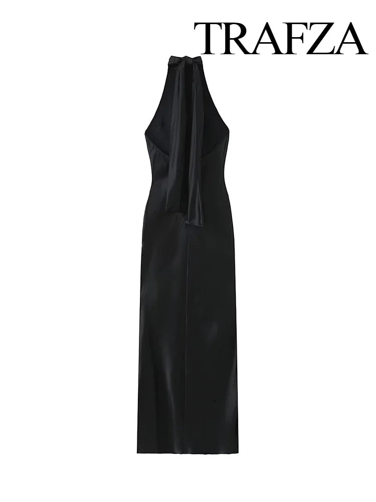 TRAFZA 2024 Women Fashion Backless Dresses Sexy Black Halter Tie Satin Long Dress Woman Bodycon Dresses New Ladies Luxury Party