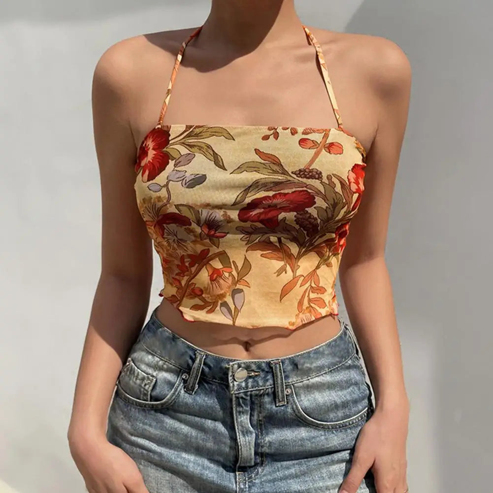 Sexy Corset Top Floral Y2K Crop Mesh Top Veja através de Mulheres Tanque Halter Cosco