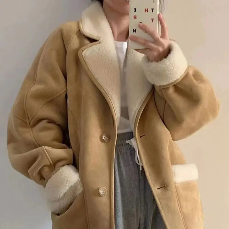 Lady Winter Woman's Fashion Thick Warm Faux Shearling Jacket Coat Vintage Long Sleeve Female Real Wool Outerwear