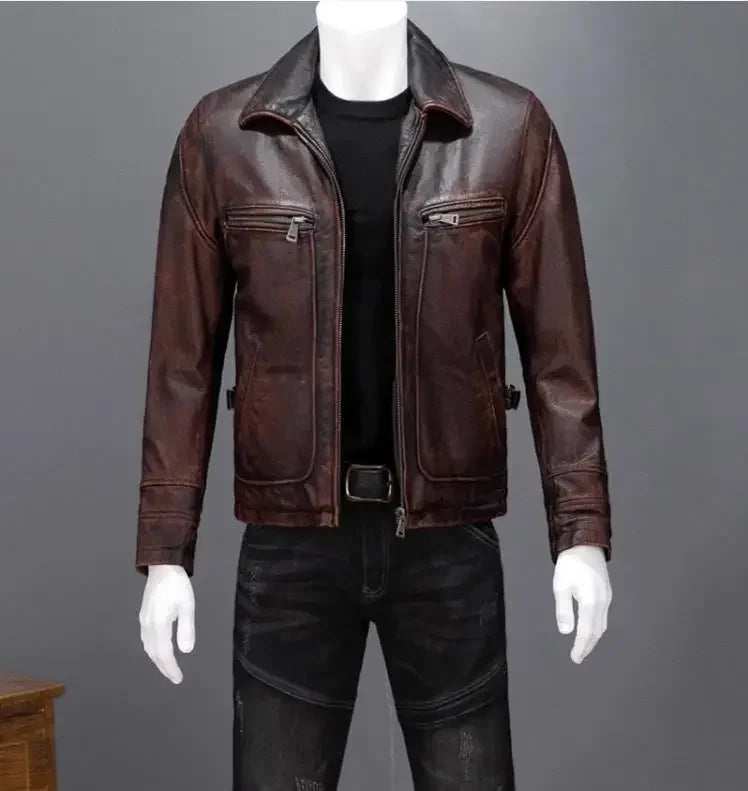LNY Shop.Dermis Brand new men cowhide coat.Natural quality men's genuine Leather jacket.бычина vintage leather cloth brown