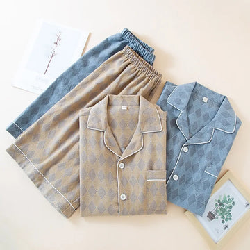 2025 New Summer Pajamas For Men Japanese style Sleepwear 2 Piece Set 100% Cotton Men Nightwear Jacquard fabrics Loungewear