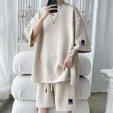 2025 3D Men's new Waffle TZ30 Summer Suit  Casual T-shirt + Shorts Suit Men's Tracksuit Solid color tracksuit loose suit