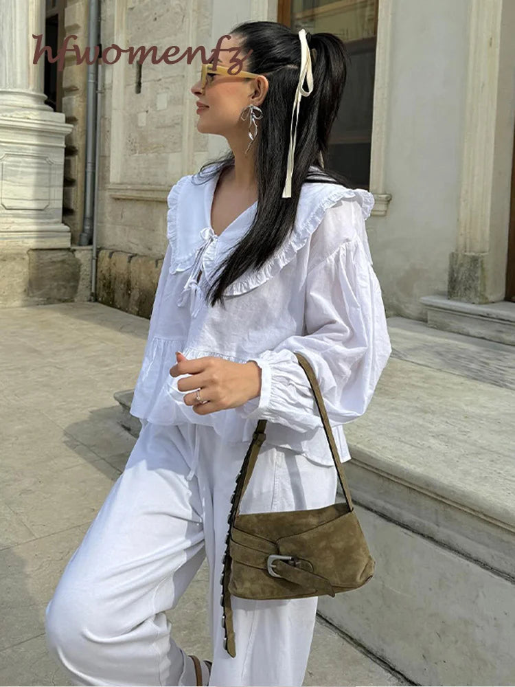 Chic lacet up plissée femmes chemises Blouses Lantern Sleeve White Female Streetwear lâche 2024 Spring Summer Abell Elegant Lady Top