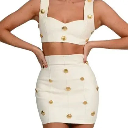 2023 New Summer Beige Color Golden Buttons Short Tank Top And Mini Skirt Set 2 Pieces Hotsweet Woman Evening Party Outfit