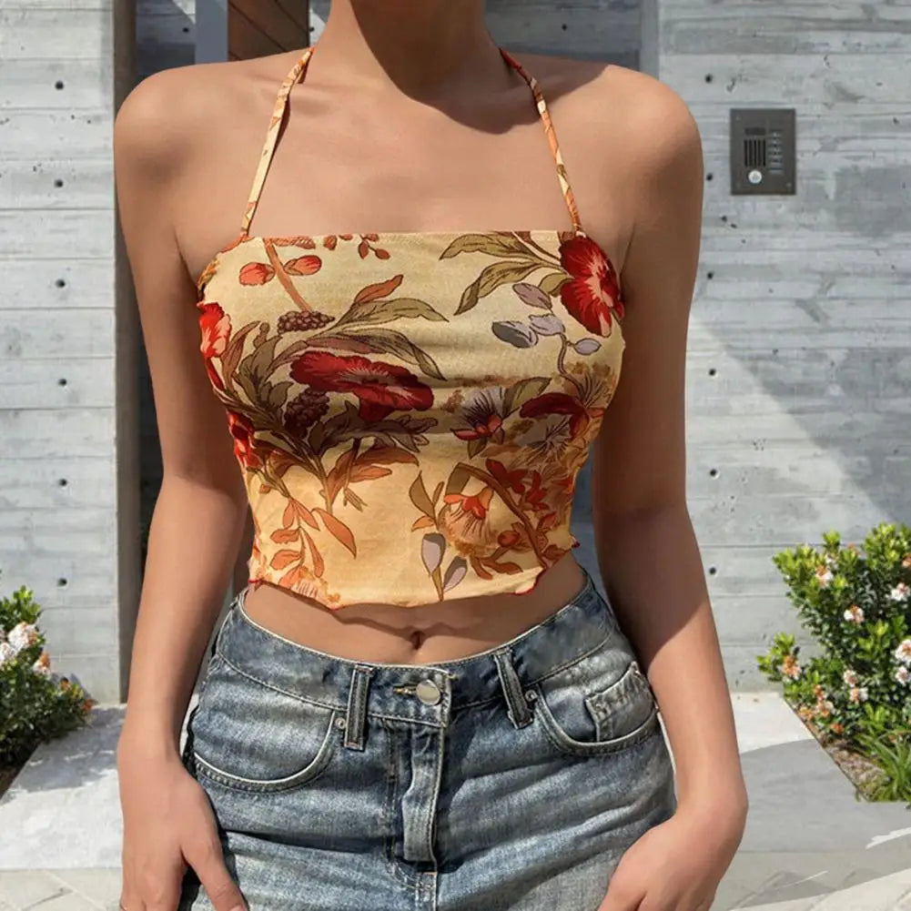 Sexy Corset Top Floral Y2K Crop Mesh Top Veja através de Mulheres Tanque Halter Cosco