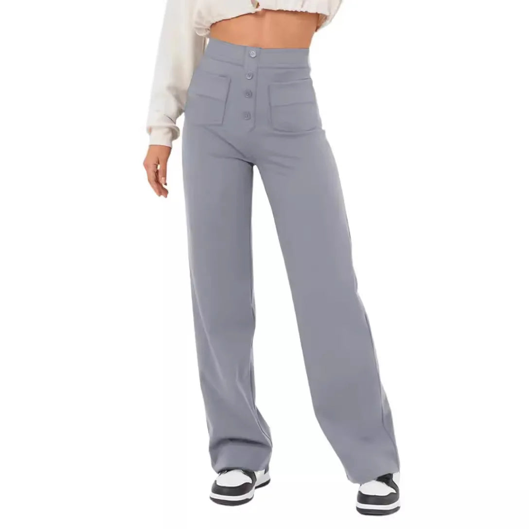 Women's High-waisted Elastic Casual Trousers Fashionable Casual Straight-leg Pants Buttoned Elegant Casual Pants