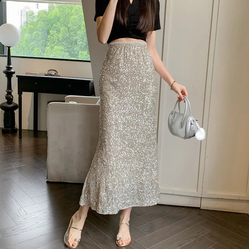 New Heavy Industry Sequins Fish Tail Skirt for Spring/summer 2024 Luxury Sexy High Waisted Slimming Hip Pack Long Mermaid Skirt