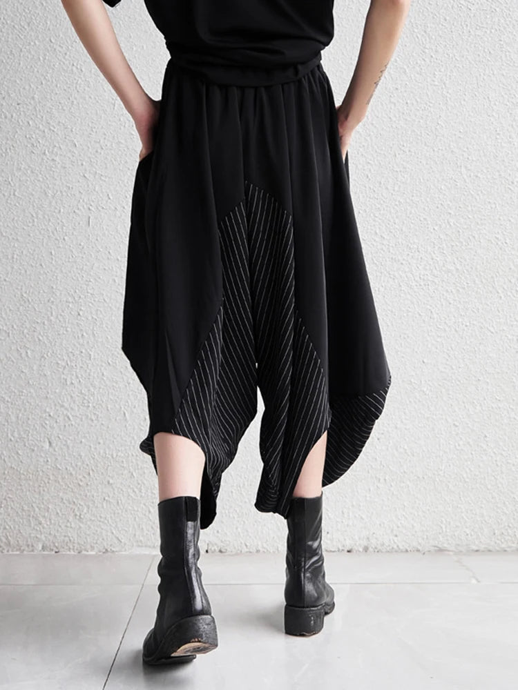 [EAM] High Elastic Waist Black Striped Spliced Harem Trousers New Loose Fit Pants Women Fashion Tide Spring Summer 2024 1DE0542