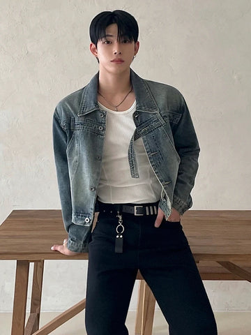 New Fashion Men Wear Denim Jacket Autumn Korean Style Chic Washed Design 2024 Lapel Single Breasted Short Jackets