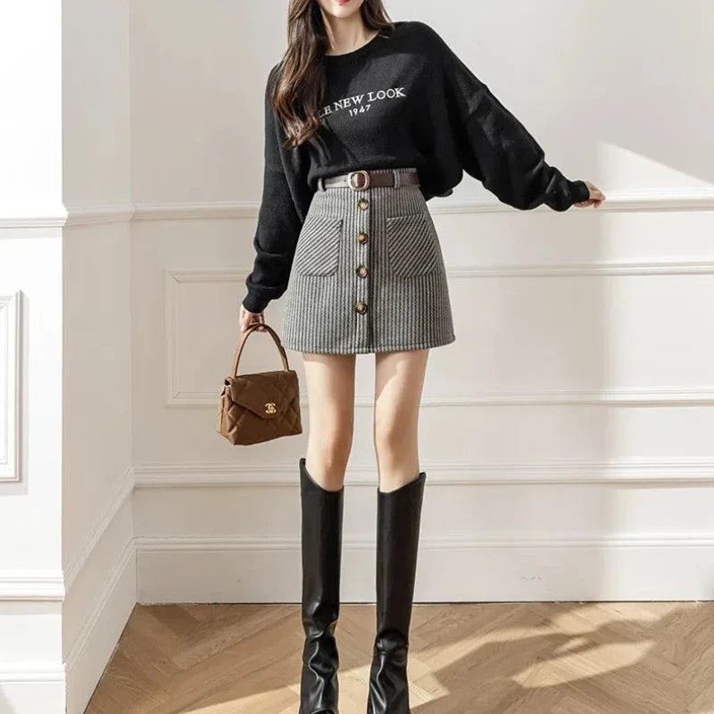 Sweet Fashion Autumn Winter Woolen Xiaoxiangfeng Women Plaid Pockets Button Korean Elegant High Waist Slim Short A-line Skirt