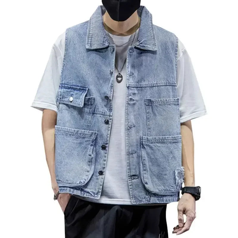Summer 2025 Men's Fashion Denim Vest - Sleevless Solid Jacket with Utility Pockets and Shoulder Straps