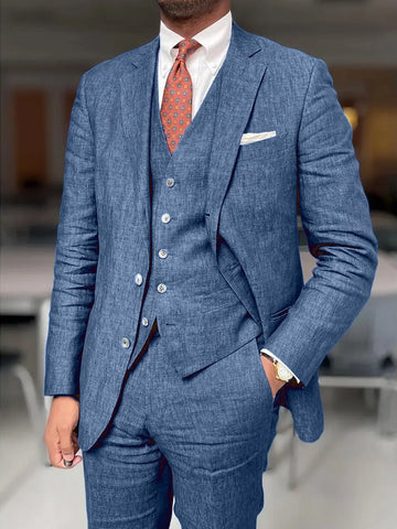 Linen Casual Suits for Men Slim Fit Beach Blue Men Suit Costumes Pour Hommes 3 Pièces Trajes Para Hombre Custom Made Man Suits