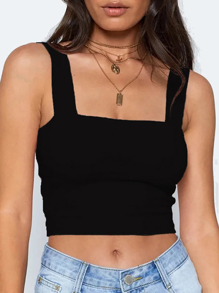 Top de verano sin mangas de cuello cuadrado Mujeres blancas Negro Camiseta básica básica fuera de hombro Cami sexy sin mangas sin mangas