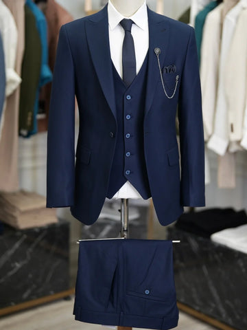 Navy Blue Classic Full Men's Suit 3pcs Blazer Vest Pants Business Wear Formal Party Groom Man Suits Set