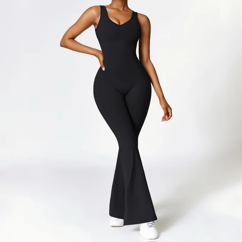 Woman Gym Outfits Fashion Seamless Sporty Jumpsuit With Flare Pants One Piece Yoga Dance Jumpsuit Female Fitness Sport Overalls