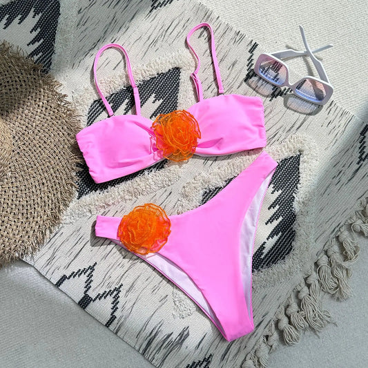 Sexy Women Swimsuit 2024 Lace Up Bikini Micro Bikinis Set Female Swimwear 3D Floral Bathing Suit Thong Biquini Swimming Suits