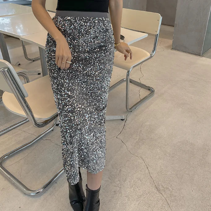 Korean Fashion Sequin Design Long Skirts for Women All Season Ladies Casual Streetwear All Match Sexy Midi Skirt Dropshipping