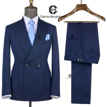 Cenne Des Graoom 2025 Navy Blue Striped Double-Breasted Men Suits With Patch Pocket Tailor-Made For Meeting Office Wear Wedding