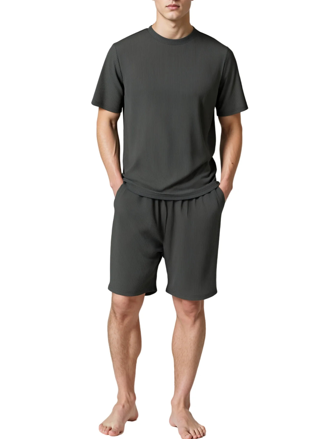 Mens Summer Pajama Set Ribbed Knit Lounge Short Set 2-Piece Breathable Soft Sleepwear Set