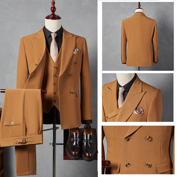 Men's Corduroy Suit Double Breasted Gun Lapel 3 Piece Best Party Casual Men's Wedding Outfit Full Suit (Jacket+Vest+Pants）