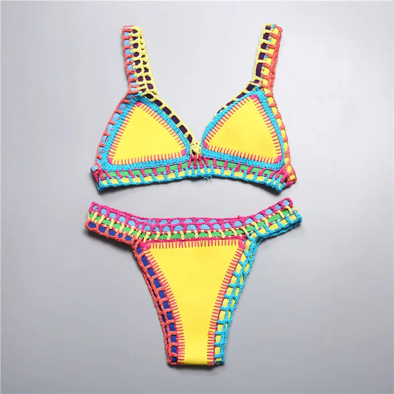 Knitted Bikini 2024 2-piece Swimsuit for Women,summer Beach Vacation Bathing Suit,sexy Triangle Cup V-neck Suspender Swimwear