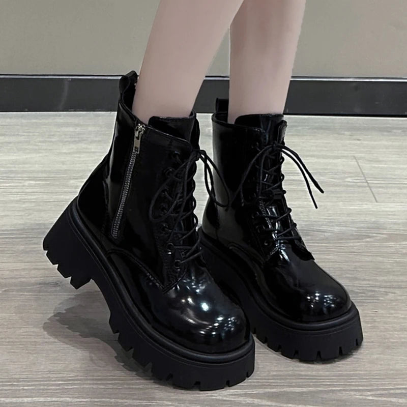 Chunky Platform Women's Ankle Boots Autumn 2024 Black Patent Leather Motorcycle Boots Woman Gothic Thick Bottom Combat Booties