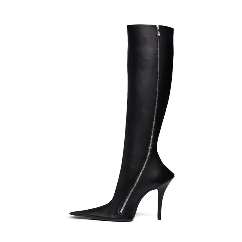 Arden Furtado European style boots for women knee high Pointed toe Thin heels Side zipper skinny calf knee high boots black