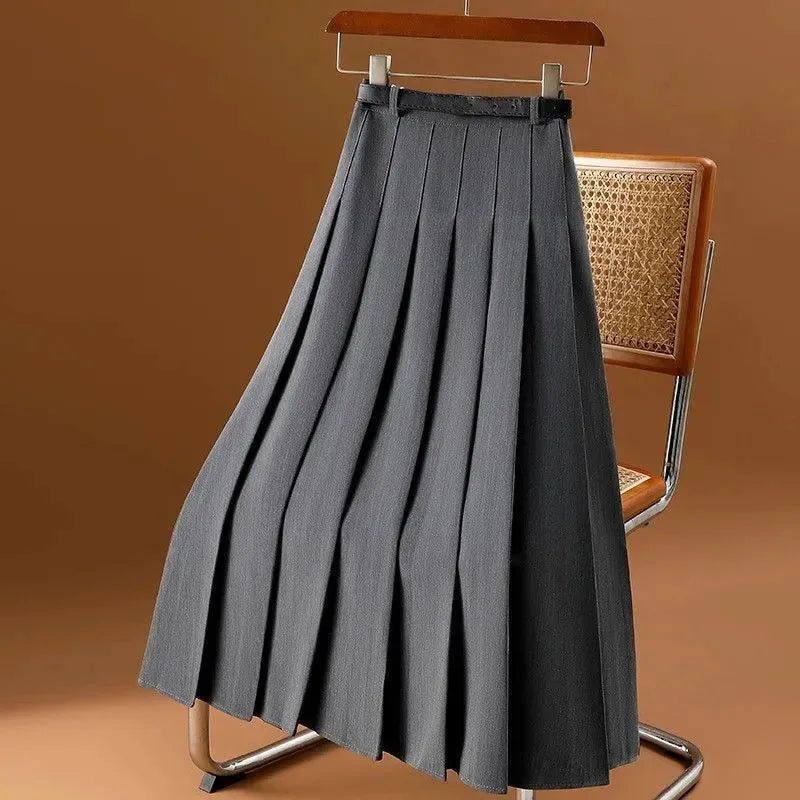 Lucyever All-Match Pleated Skirts Women Autumn Winter High Waist A-Line Folds Skirts Female Korean Fashion with Belt Midi Skirts