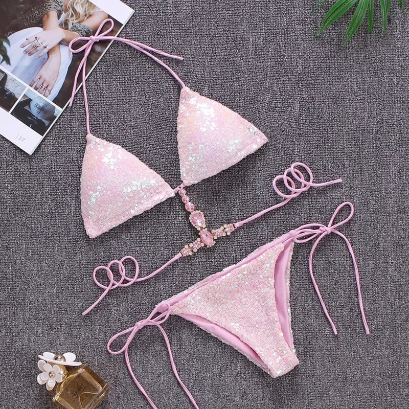 Glänzender sexy Bikinis Badeanzug mit Strasssteinen Frauen Badebekleidung weiblich Push Up Bikini Beach Schwimmkleidung Badeanzüge Pool Bather 2024