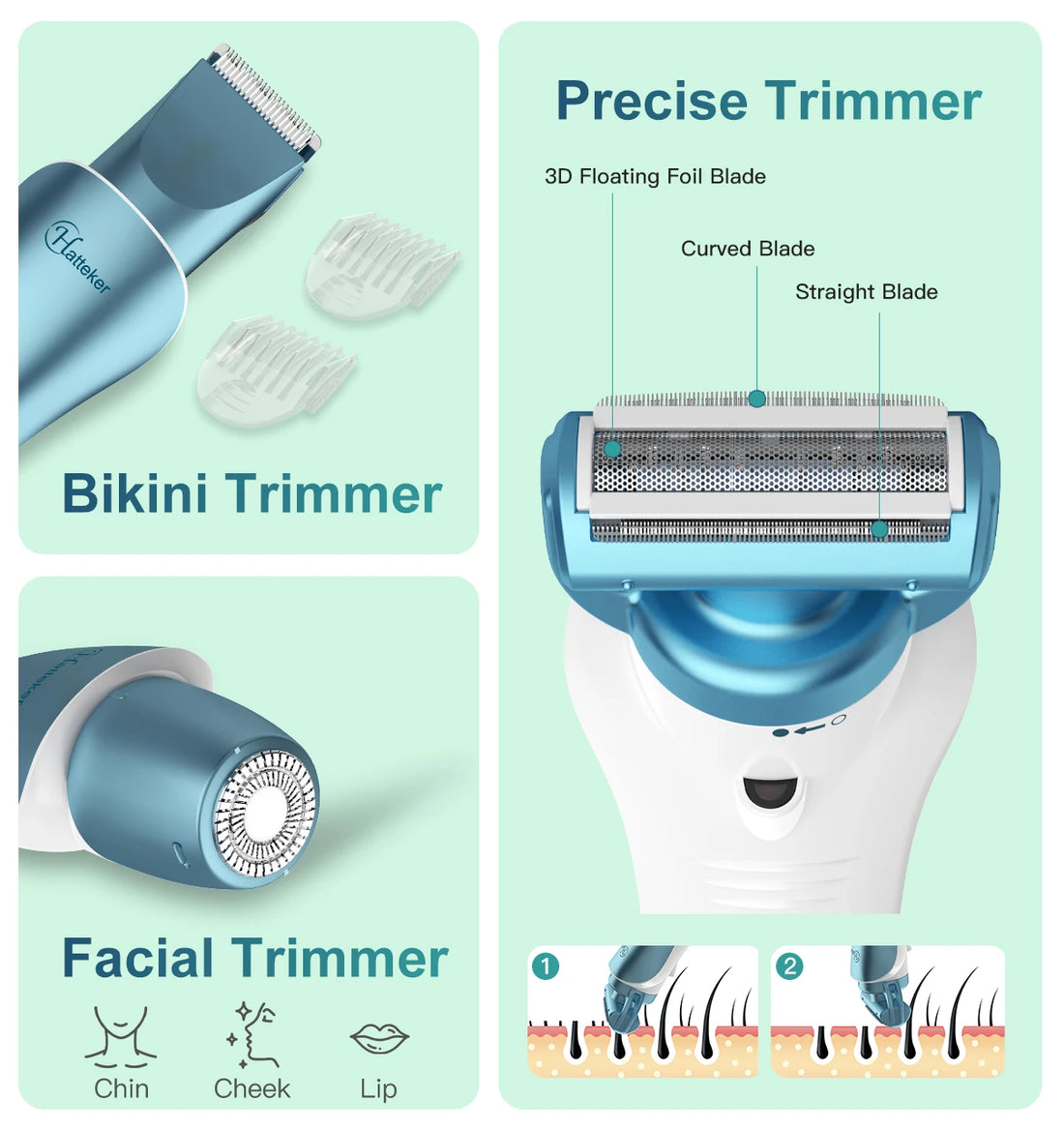 Hatteker Hair Removal Device for Woman New Model 3-in-1 Shaver for Underarm Leg Personal Grooming Hair Trimmer Kit