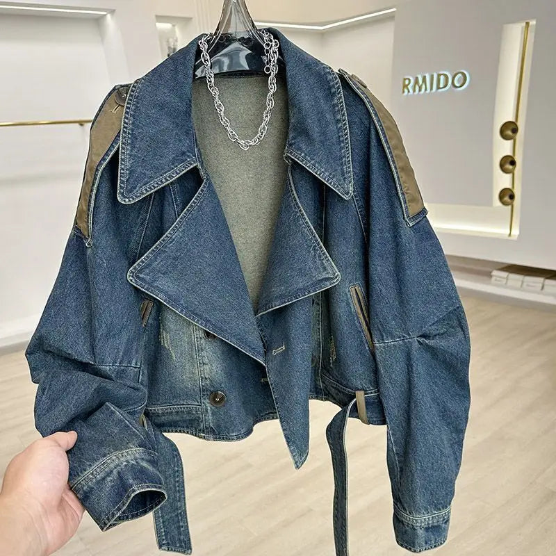 [ZOCI] Worn Leather Patchwork Denim Jacket Women A Sense Of Design Niche Casual Loose Fitting Short Westernized