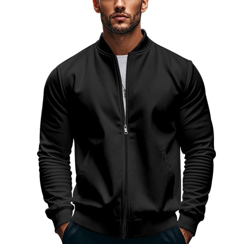 2024 New Spring And Autumn Men's Stand Collar Jacket Solid Color Leisure Sports Long Sleeve Zipper Coat Straight Tube Large Size