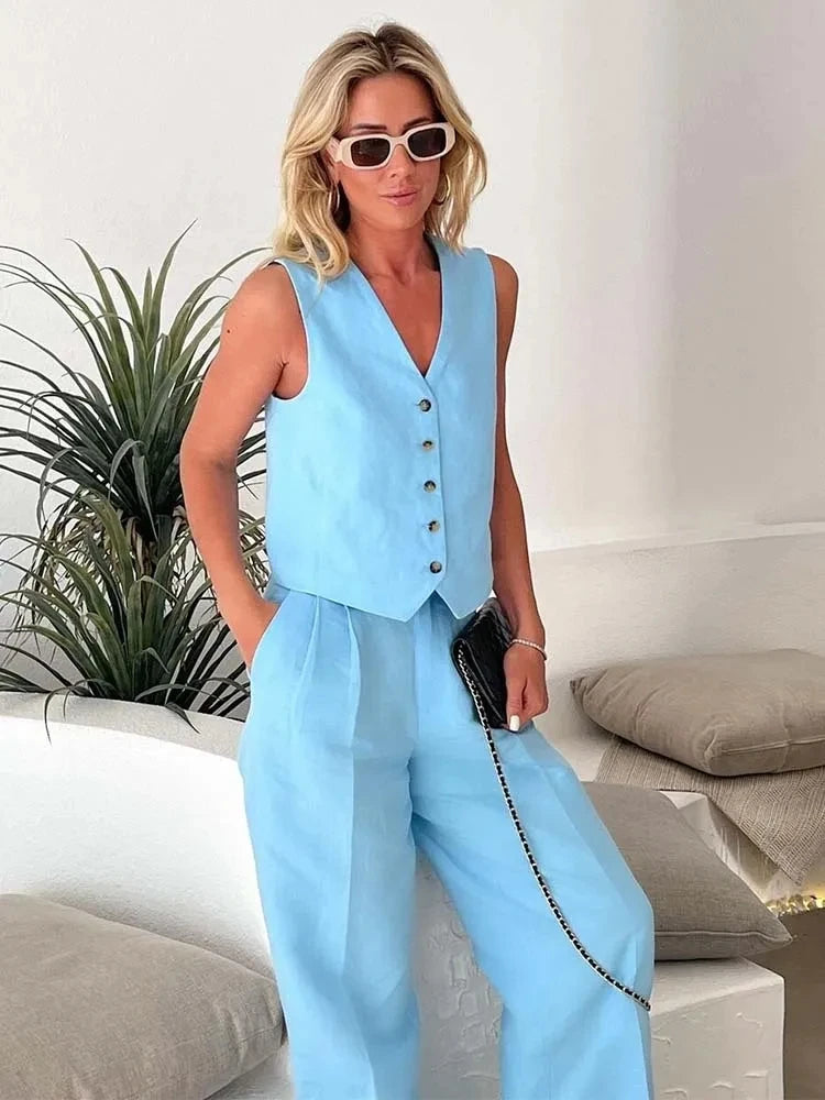 Women Blue Pants 2 Pieces Sets Fashion Linen Vest Tops+Straight Pants Office Suit Vintage 2023 Woman Two Pieces Outfit