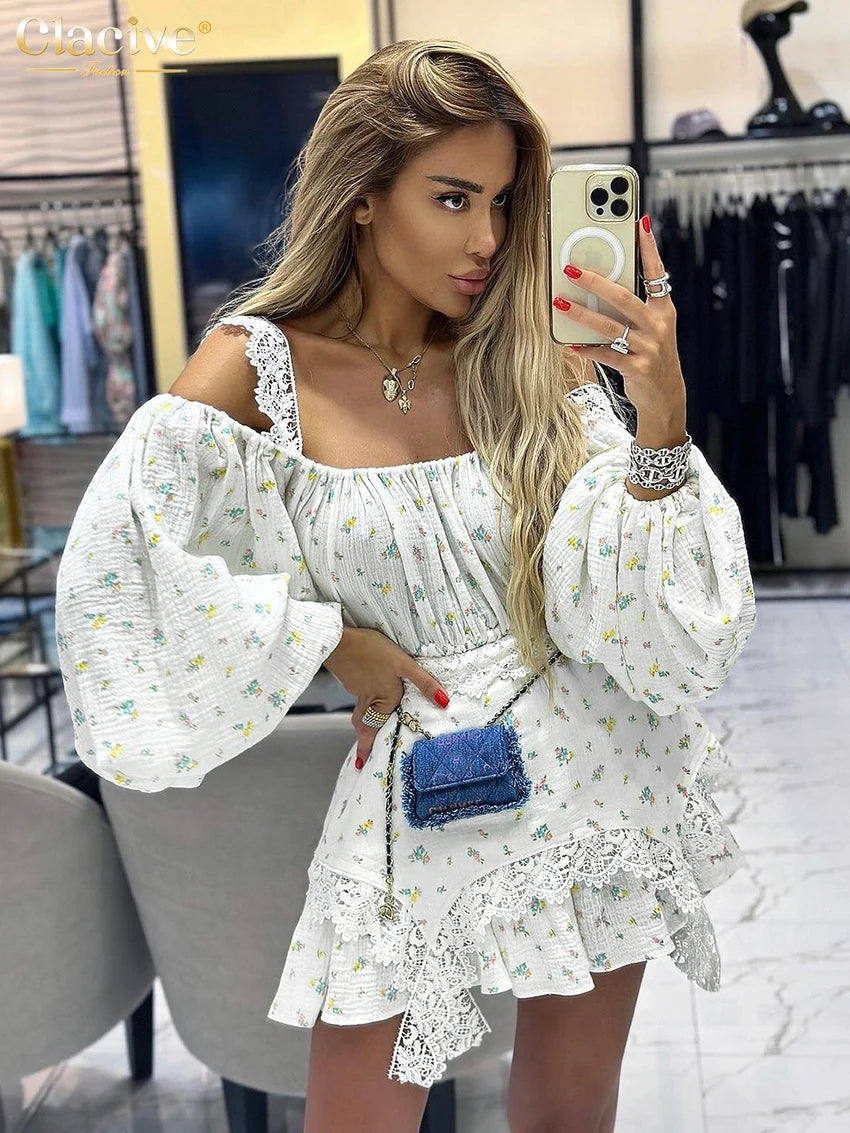 Clacive Sexy Loose Print Women'S Dress 2024 Fashion Square Neck Puff Sleeve Mini Dress Elegant Lace Spliced Pleated Female Dress