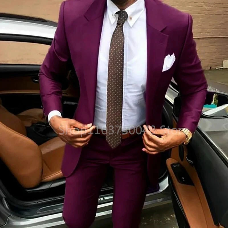 Coffee Slim Fit Men Suits 2 Piece Groom Tuxedos Notch Lapel One Button Blazer Pants Sets Wedding Prom Business Costume Homme