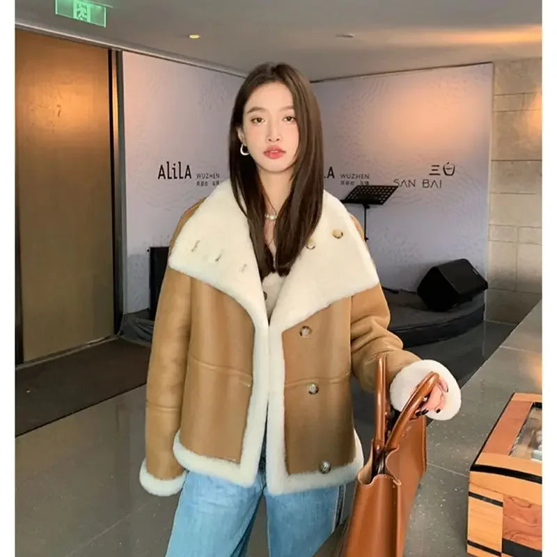 Lady 2024 Fashion Wool Jackets Women Fashion Real Wool Lamb Fur Coat Winter Jacket LSBH69