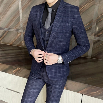 Men's High-Quality Cotton Texture Wedding Suit Set - Plaid Pattern Business Casual Three-Piece Vest Trousers Ensemble