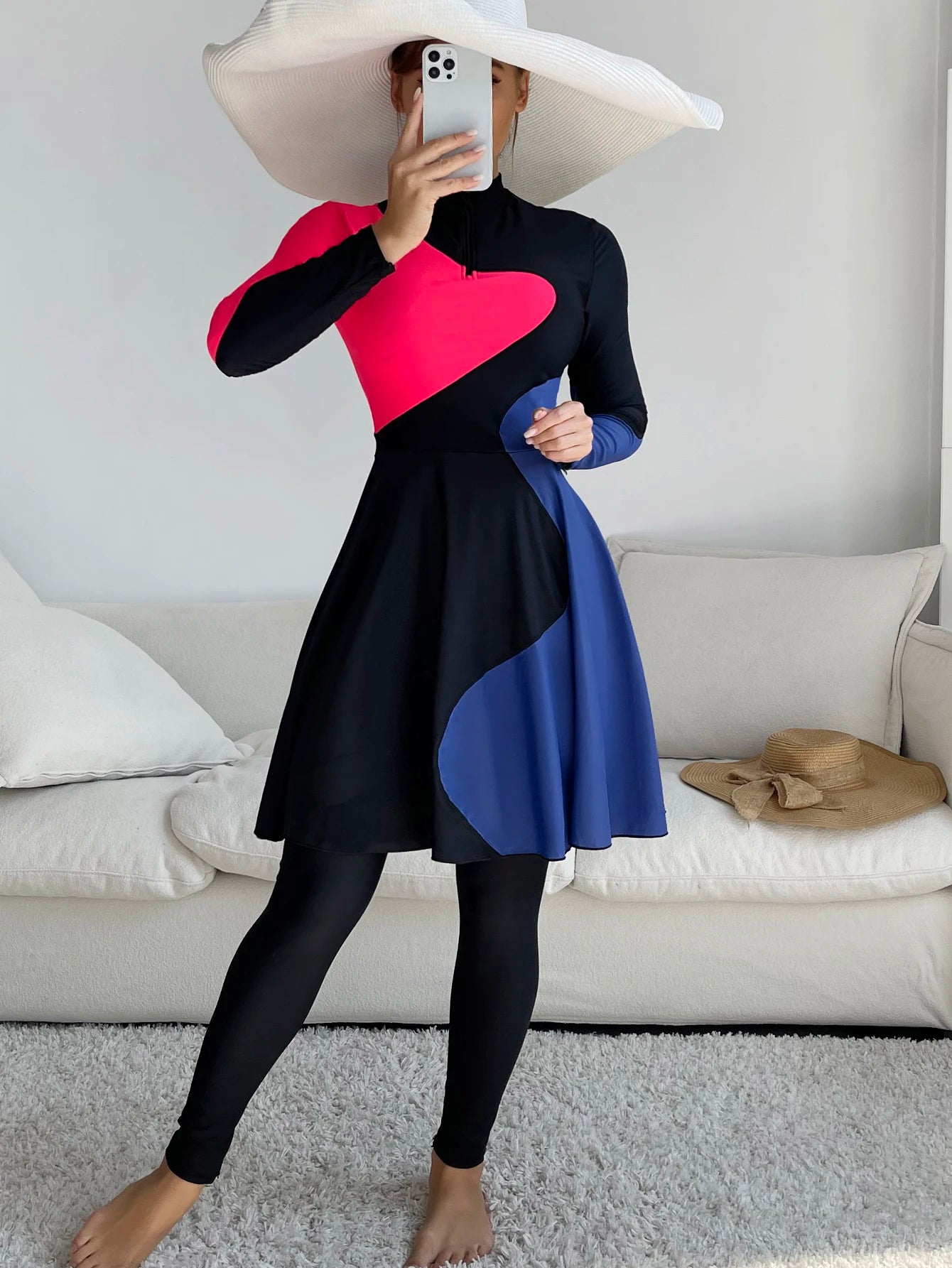 Modest Swimwear for Muslim Women New Burkini 2pcs All Cover Swimsuits Long Dress and Long Panty Blue and Red Patchwork Burkini