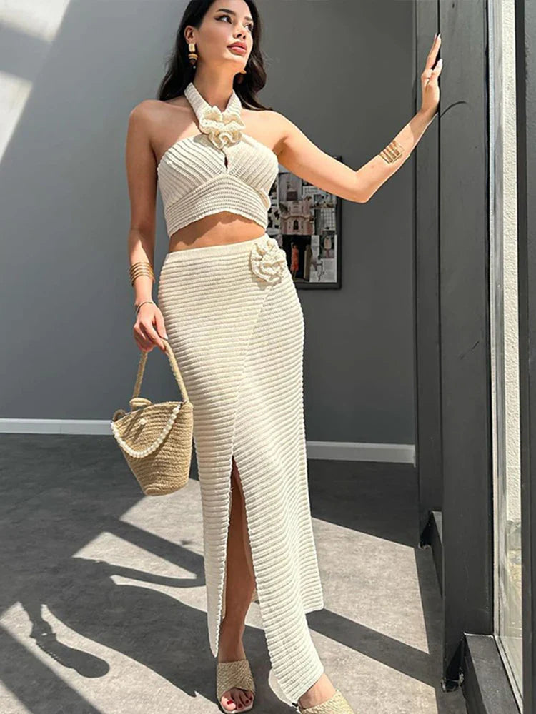 Holidays 3D Flower Knit Halter Vest Skirt Sets Women Sexy Hollow Out Top Elastic Split Skirts 2024 Summer Lady Beach Outfits