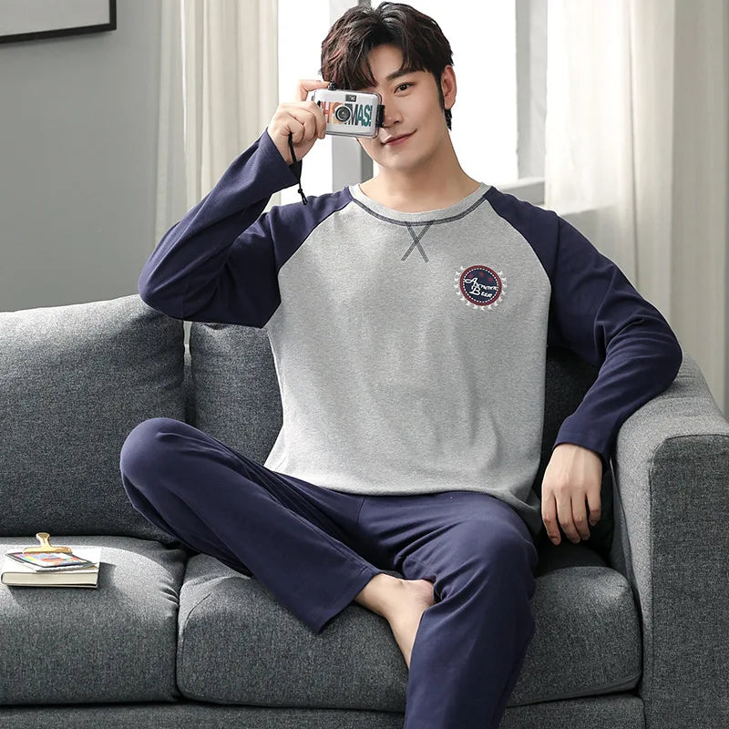 Spring And Autumn Men's Pajamas Long-Sleeved Trousers Simple Homewear Thin Cotton Boys Large Size Casual Comfortable Homewear Su