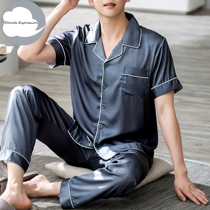 Summer 4XL Blue Loungewear Pyjamas imitate Silk Men's Pajama Sets Satin Pajama Male Sleepwear Pyjamas Nightwear Homewear Fashion