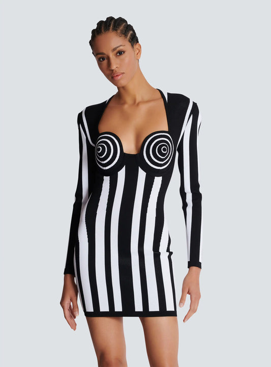 New Arrival Women Long Sleeve Sexy Square Collar Bodycon Mini Bandage Dress Striped Elegant Evening Party Dress