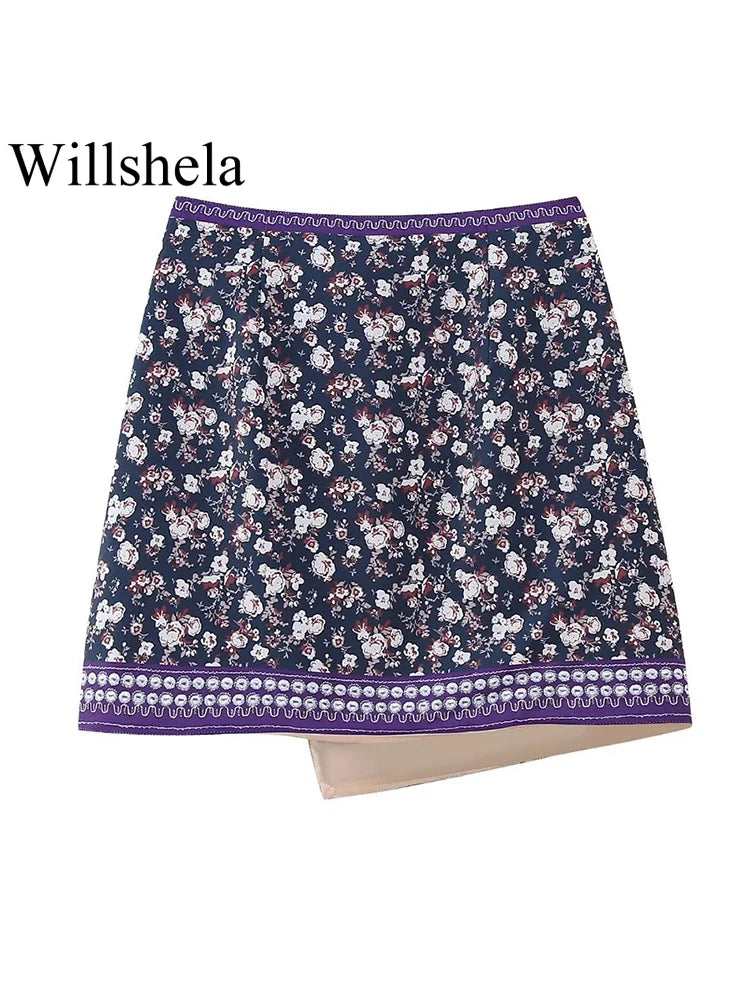 Willshela Women Fashion Printed Side Zipper Mini Skirt Vintage High Waist Asymmetrical Female Chic Lady Skirts