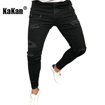 Kakan - New Men's Tight Trendy Patchwork Piercing Jeans, Y2k Solid Color Piercing Waist Small Leg Pants Long Jeans