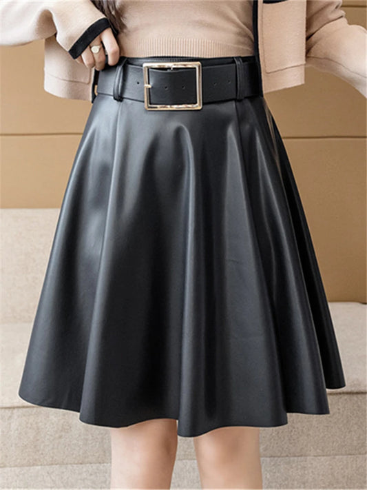 REALEFT Women's PU Leather Skirts With Belted 2022 New Fashion Solid Color High Waist Casual Short Ladies A-Line Skirts Female