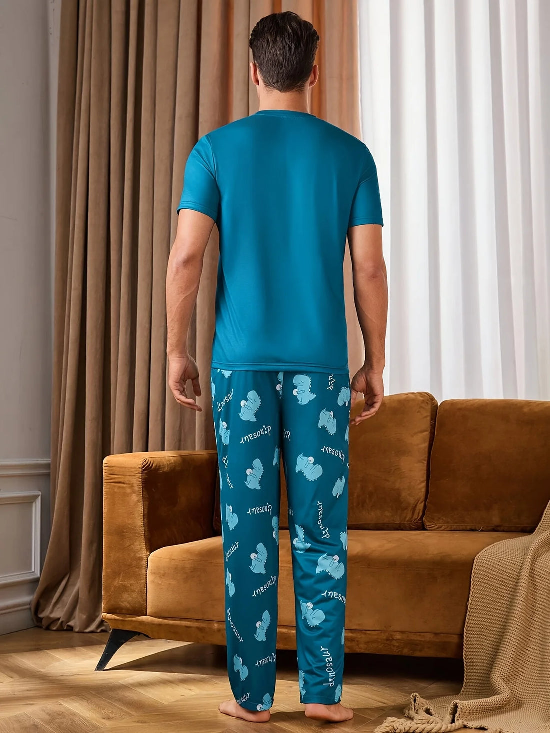 Men's 2-Piece Pajama Set - Cartoon Dinosaur Print, Crew Neck Short-Sleeve Top & Pants