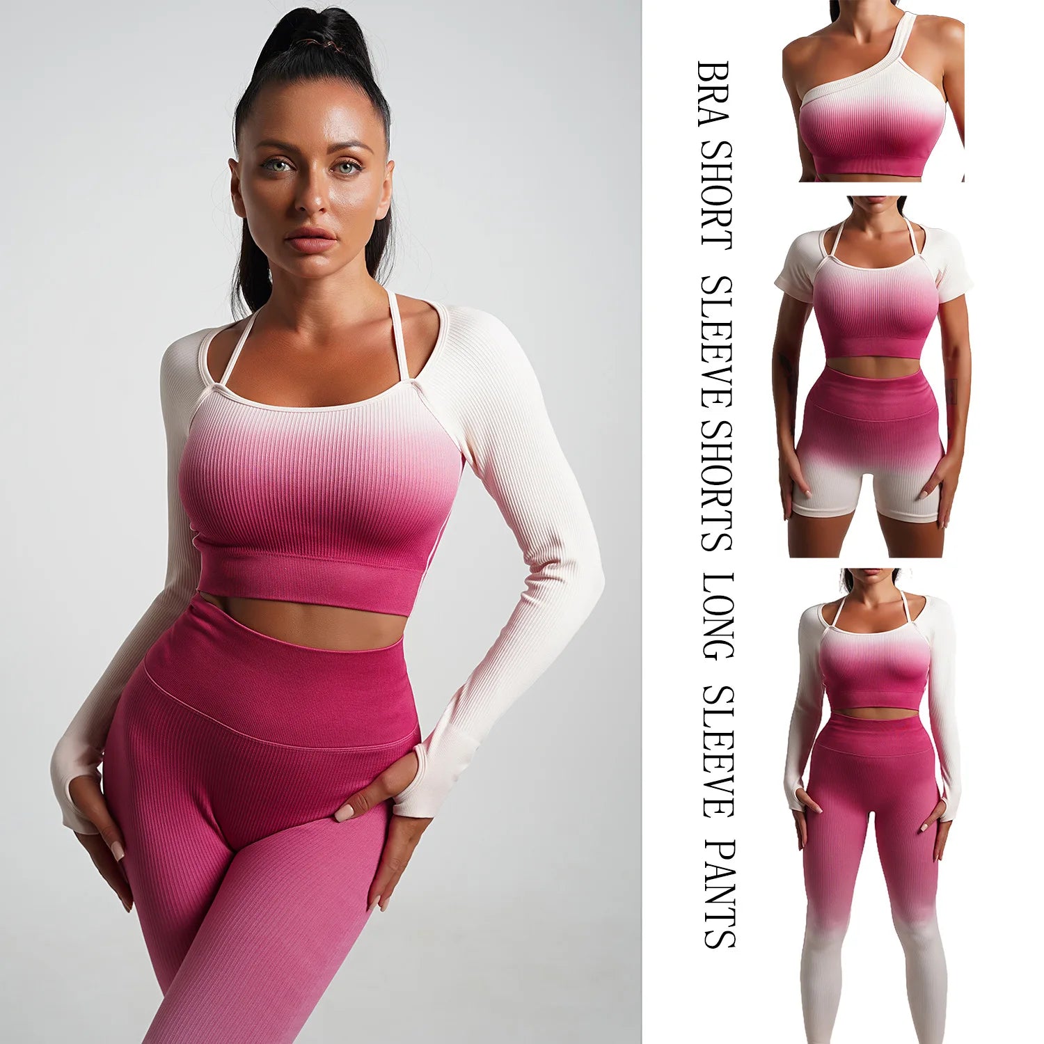 Seamless Gradienten-Yoga-Sets Sportfitness hohe Taille-Hüft-Hose-Hosen langärmelige Anzüge Training Fitnessstudio-Leggings für Frauen