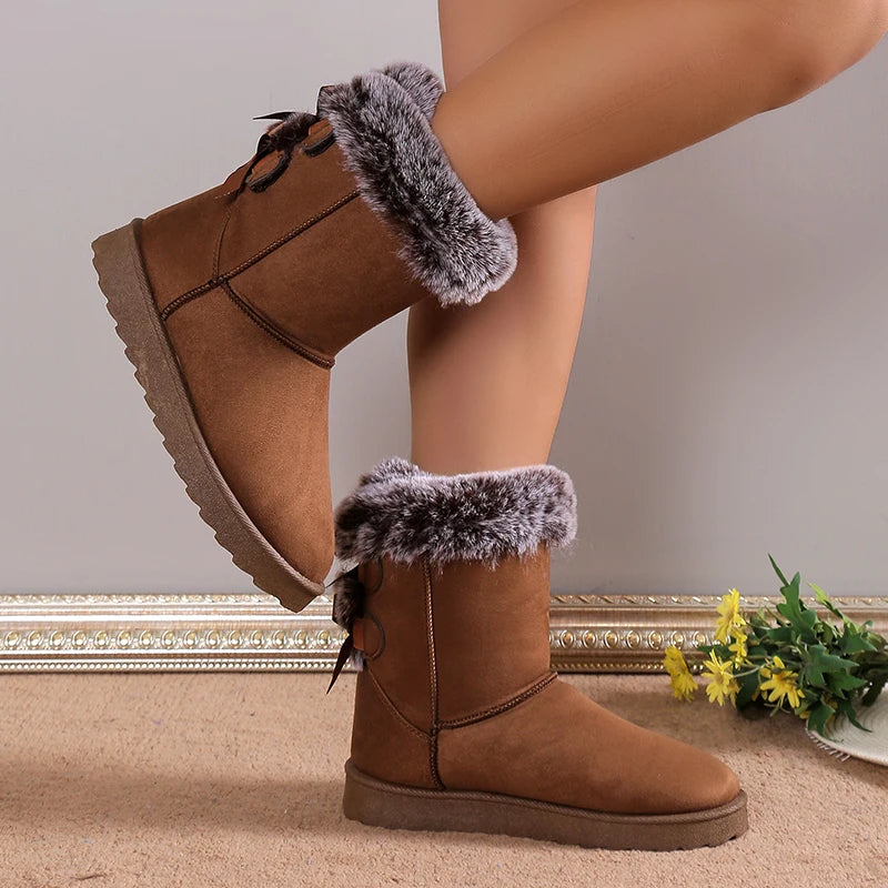 Bowknot Boston Boots Snow Boots Winter New Cashmere Double Bow Warm Thick Soles Cotton Shoes for Women Women Boston Boots Shoes