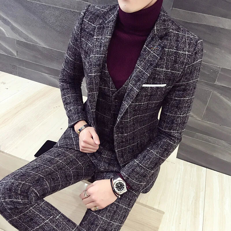 Men's suit one button (suit + waistcoat + trousers) Business fashion leisure professional work formal three-piece set